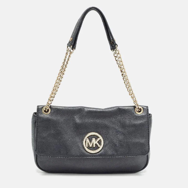 Crossbody Shoulder Bag in Black Leather with Gold Hardware for Night OutsMichael Kors Black Leather Fulton Flap Shoulder Bag Crossbody Shoulder Bag in Black Leather with Gold Hardware for Night OutsMichael Kors Black Leather Fulton Flap Shoulder Bag
