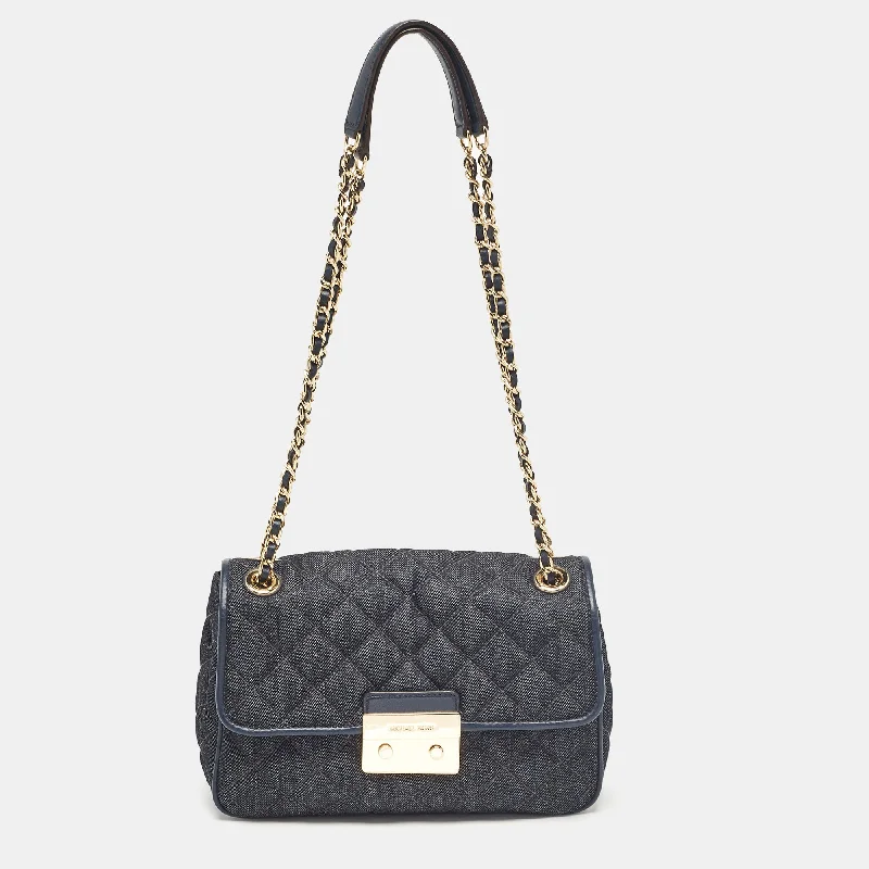 Leather Shoulder Bag with Magnetic Closure in Black for Quick AccessMichael Kors Navy Blue Quilted Denim And Leather Sloan Shoulder Bag