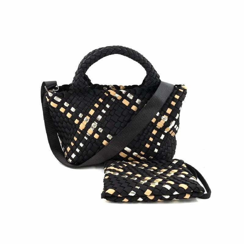 Women's Shoulder Bag with Floral Embroidery in Purple for Spring WalksNell Bag In Black With Gold/beige Trim