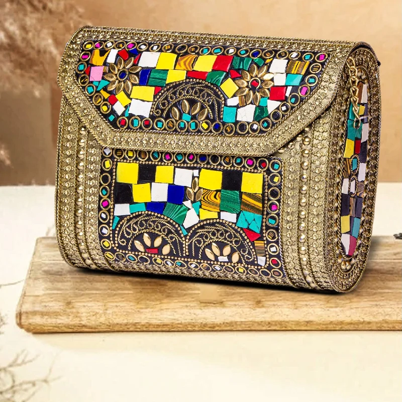 Pearl - Embellished Clutch in Cream for Bridal ShowersMulti Colour Evening Metal Clutch Pearl - Embellished Clutch in Cream for Bridal ShowersMulti Colour Evening Metal Clutch