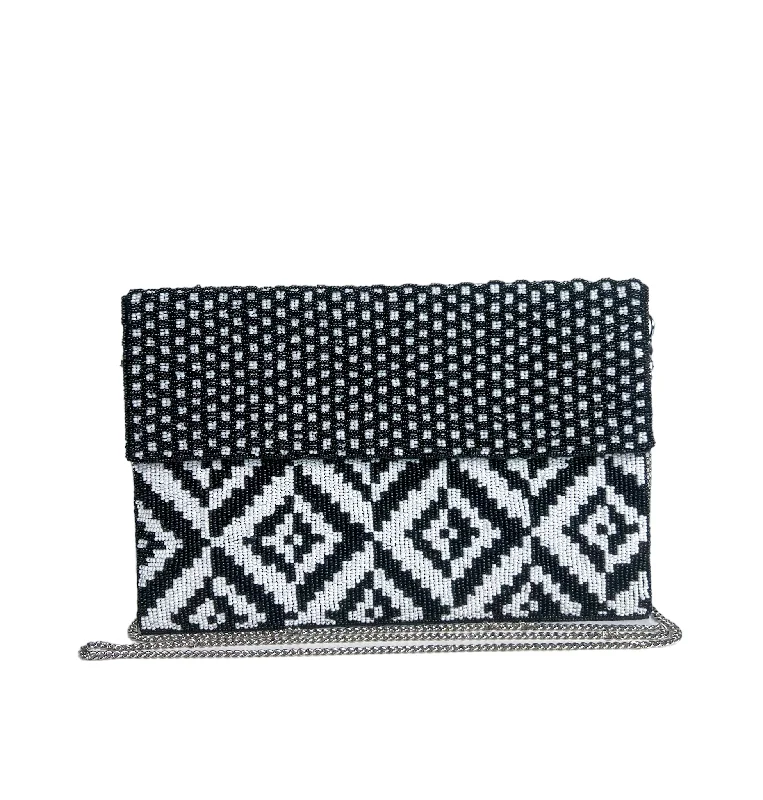 Leather Clutch with Chain Strap in Black for Cocktail PartiesBeaded Clutch - Opposite BW Leather Clutch with Chain Strap in Black for Cocktail PartiesBeaded Clutch - Opposite BW