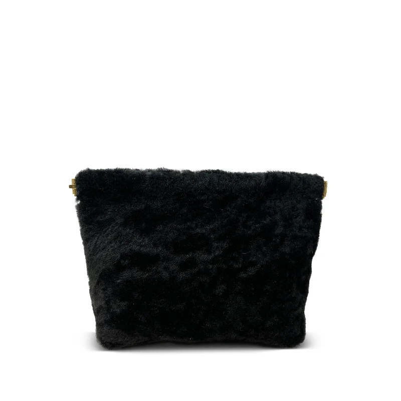 Lace - Trimmed Satin Clutch in Ivory for Garden WeddingsBlack shearling Snap Make Up Bag Lace - Trimmed Satin Clutch in Ivory for Garden WeddingsBlack shearling Snap Make Up Bag