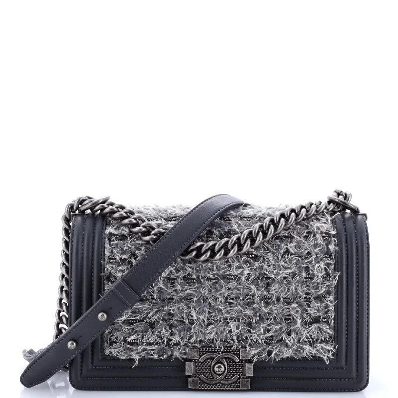 Women's Crossbody Bag with RFID - Blocking Pocket in Black for Safe TravelBoy Flap Bag Braided Tweed Old Medium Women's Crossbody Bag with RFID - Blocking Pocket in Black for Safe TravelBoy Flap Bag Braided Tweed Old Medium