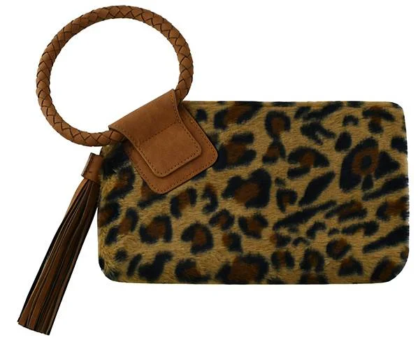 Women's Studded Leather Evening Bag in Black for Rock - n - Roll NightsBP204LF Leopard Fur Cuff Handle Tassel/Wristlet Clutch Women's Studded Leather Evening Bag in Black for Rock - n - Roll NightsBP204LF Leopard Fur Cuff Handle Tassel/Wristlet Clutch