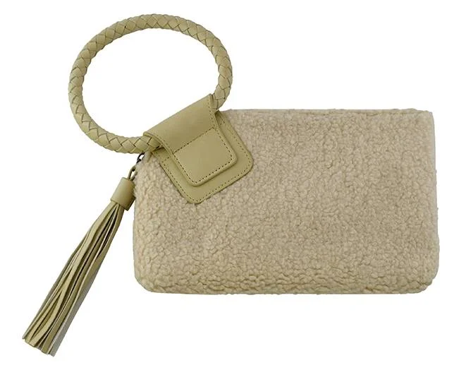 Quilted Leather Evening Bag in Gray for Sophisticated EventsBP204SH Sherpa Cuff Handle Tassel Wristlet/Clutch Quilted Leather Evening Bag in Gray for Sophisticated EventsBP204SH Sherpa Cuff Handle Tassel Wristlet/Clutch