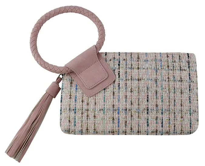Floral - Printed Satin Clutch in Pink for Spring GalasTW204 Tweed Cuff Handle Tassel Wristlet/Clutch