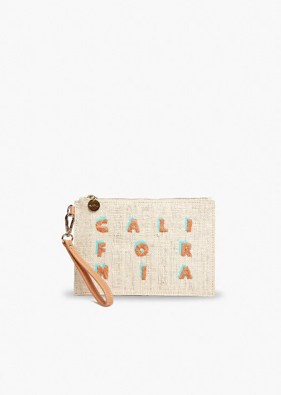 Women's Monogrammed Leather Clutch in Tan for Personalized StyleCalifornia Straw Pouch Wristlet Bag