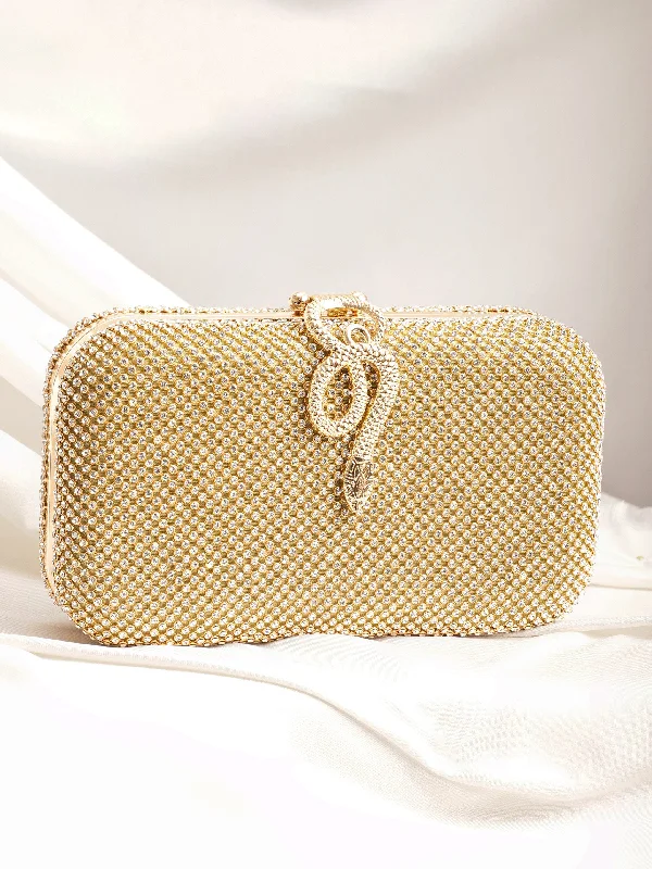 Floral - Printed Satin Clutch in Pink for Spring GalasRubans Gold With Dazzling Crystal Zirconia Embellished Serpent motif Clutch handbag