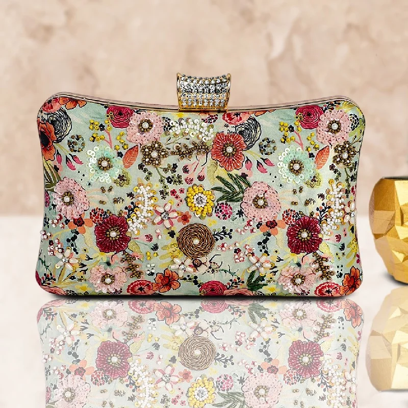 Bejeweled Clutch in Purple for Opera PerformancesFloral Hand Embroidered Multi Color Clutch Bejeweled Clutch in Purple for Opera PerformancesFloral Hand Embroidered Multi Color Clutch