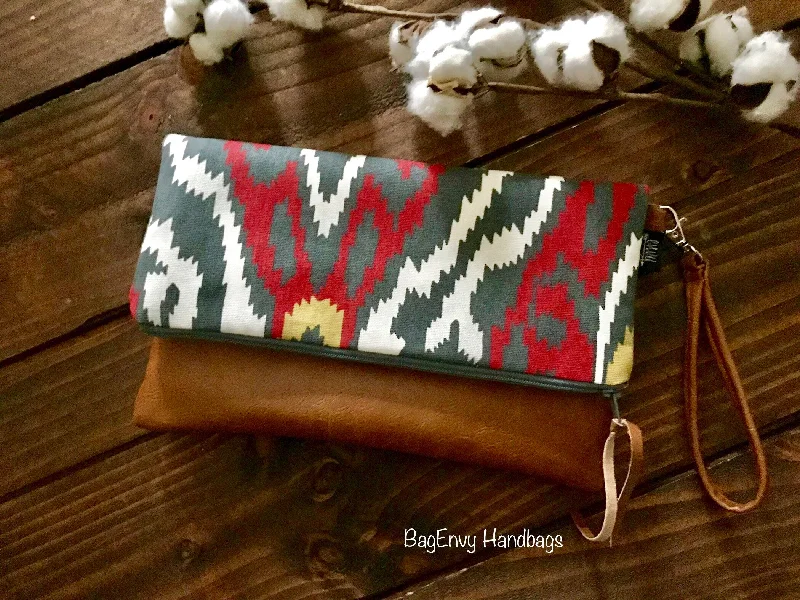 Women's Studded Leather Evening Bag in Black for Rock - n - Roll NightsFold Over Clutch - Sherpa Ikat with Vegan Leather - Detachable Wristlet Women's Studded Leather Evening Bag in Black for Rock - n - Roll NightsFold Over Clutch - Sherpa Ikat with Vegan Leather - Detachable Wristlet