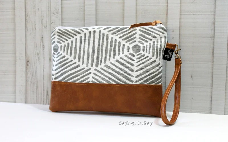 Lace - Trimmed Satin Clutch in Ivory for Garden WeddingsGrab N Go Wristlet Clutch - Grey Heni Aztec with Vegan Leather