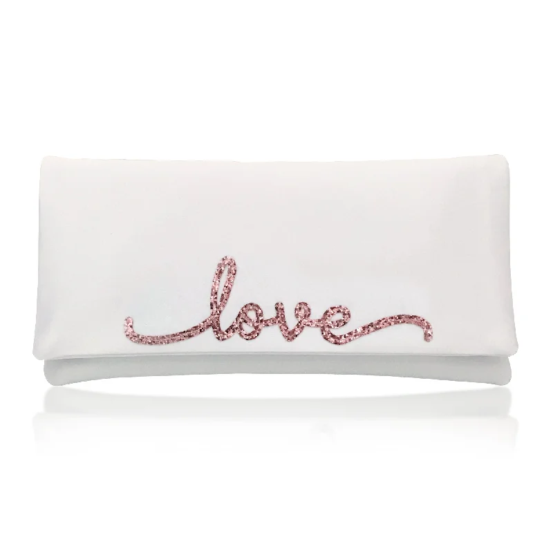 Women's Embroidered Silk Evening Bag in Navy for WeddingsIvory satin LOVE wedding day bridal clutch handbag flourish font