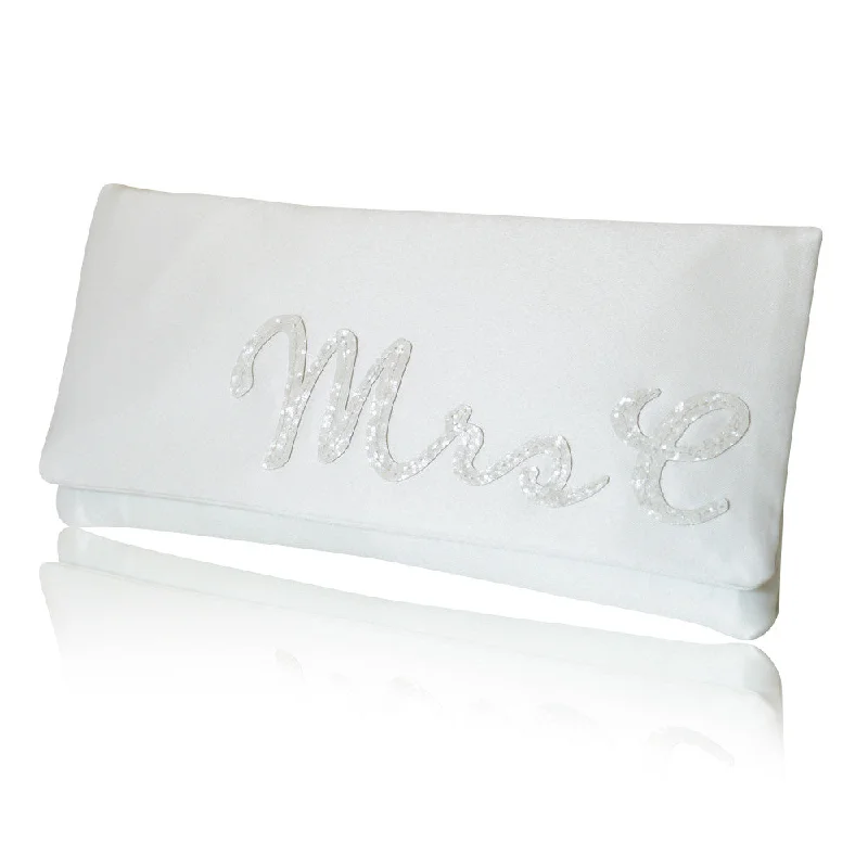 Mirrored Clutch in Silver for Futuristic - Themed GatheringsIvory satin MRS initial wedding day bridal clutch handbag