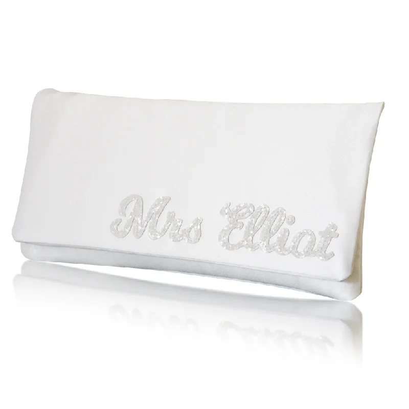 Women's Small Beaded Clutch in Silver for New Year's Eve PartyIvory satin MRS surname wedding day bridal clutch handbag