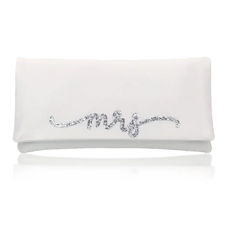Mirrored Clutch in Silver for Futuristic - Themed GatheringsIvory satin MRS wedding day bridal clutch handbag flourish font