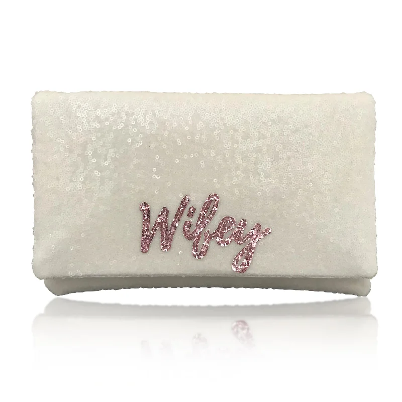 Women's Metallic Leather Clutch in Rose Gold for Valentine's DateIvory sequin WIFEY bridal wedding day clutch
