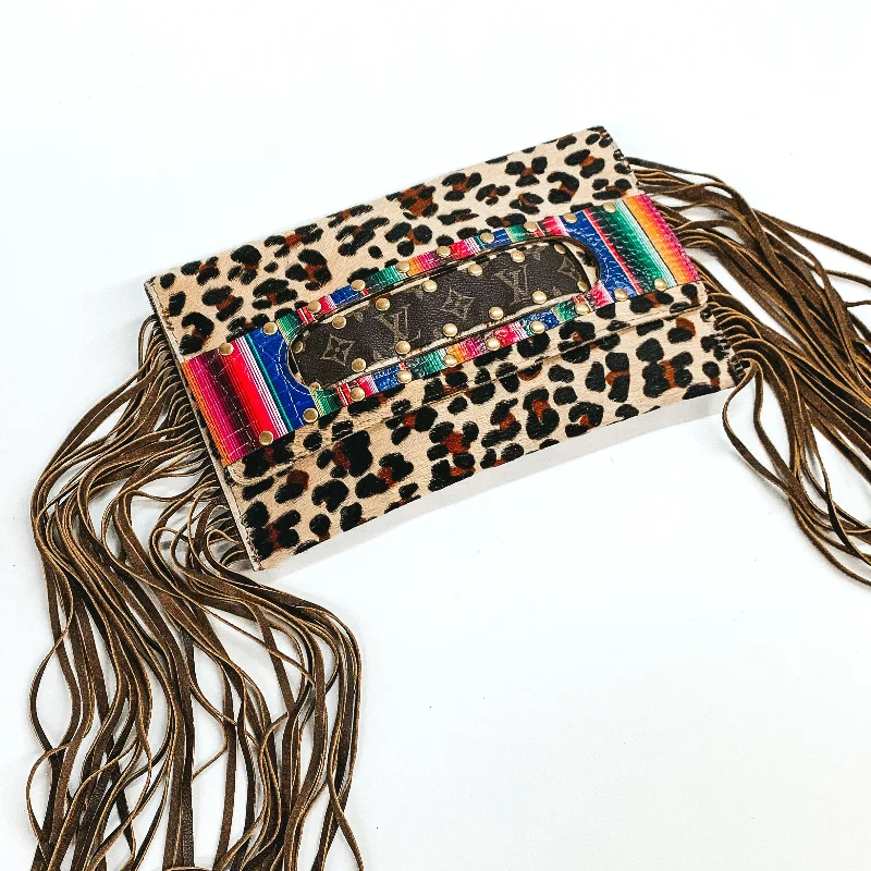 Women's Monogrammed Leather Clutch in Tan for Personalized StyleKeep It Gypsy | Sloan Leopard Print Clutch with Serape Design and Genuine Leather Fringe