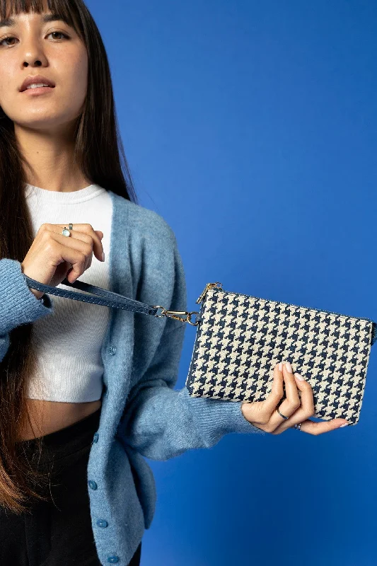 Women's Crossbody Bag with Magnetic Closure in White for Quick AccessM013HDST Houndstooth 3 Compartment Crossbody