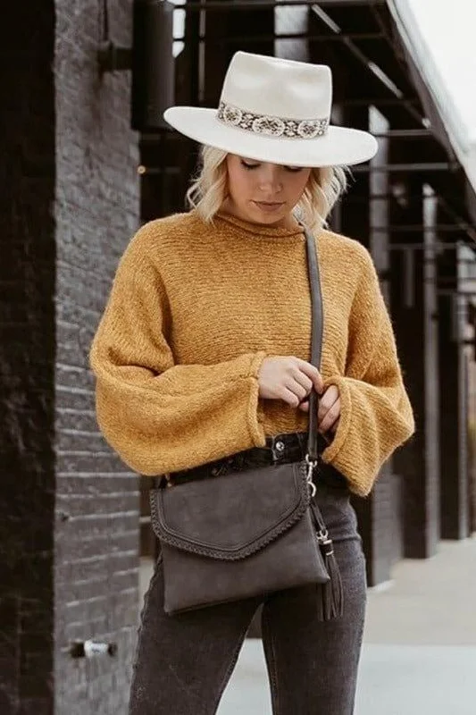 Large Faux Leather Crossbody Bag in Brown with Tassel Details for Casual TravelM1802A Flapover Crossbody w/ Whipstitch & Double Tassel