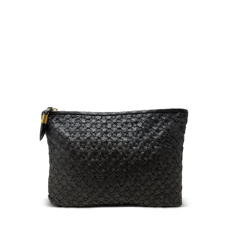 Leather Clutch with Chain Strap in Black for Cocktail PartiesMedium Pouch - Black Lazer Weave Leather Clutch with Chain Strap in Black for Cocktail PartiesMedium Pouch - Black Lazer Weave