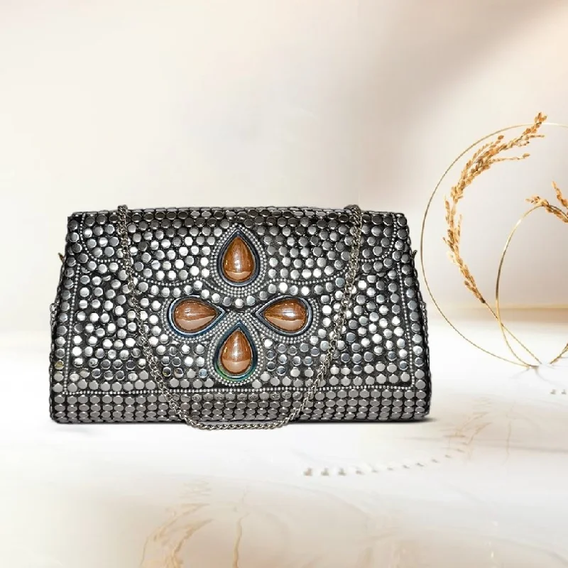 Leather Clutch with Chain Strap in Black for Cocktail PartiesMosaic Designer Metal Clutch | Silver Leather Clutch with Chain Strap in Black for Cocktail PartiesMosaic Designer Metal Clutch | Silver