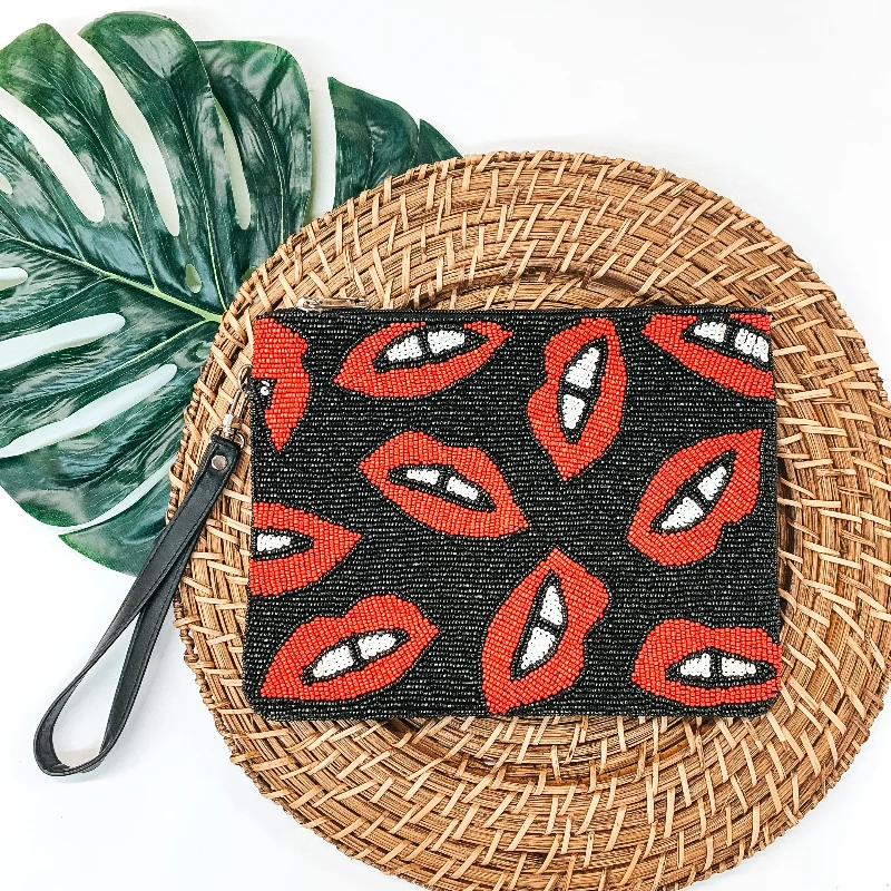 Leather Clutch with Chain Strap in Black for Cocktail PartiesMulti Red Lip Seed Beaded Clutch in Black