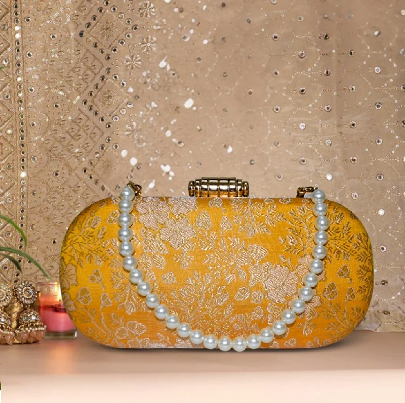 Women's Metallic Leather Clutch in Rose Gold for Valentine's DateNaaz Banarasi Clutch | Yellow Women's Metallic Leather Clutch in Rose Gold for Valentine's DateNaaz Banarasi Clutch | Yellow