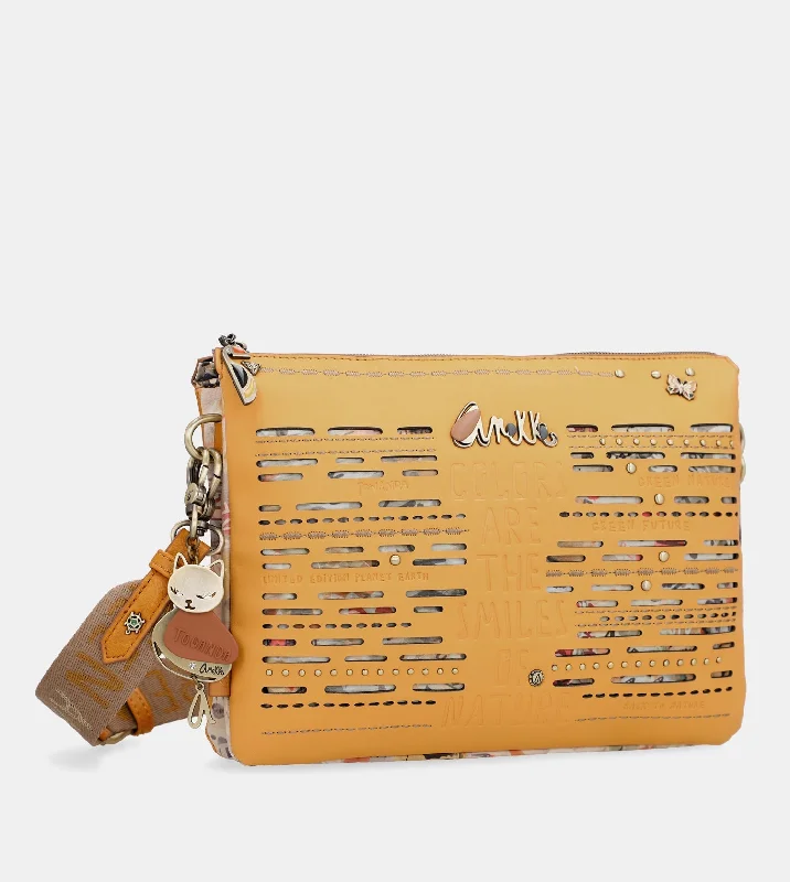 Medium - sized Canvas Crossbody Bag in Beige with Floral Print for Spring OutingsNature Pachamama ochre crossbody bag with two compartments