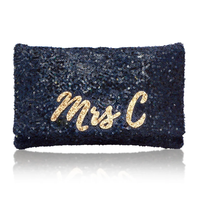 Lace - Trimmed Satin Clutch in Ivory for Garden WeddingsNavy sequin personalised MRS initial clutch