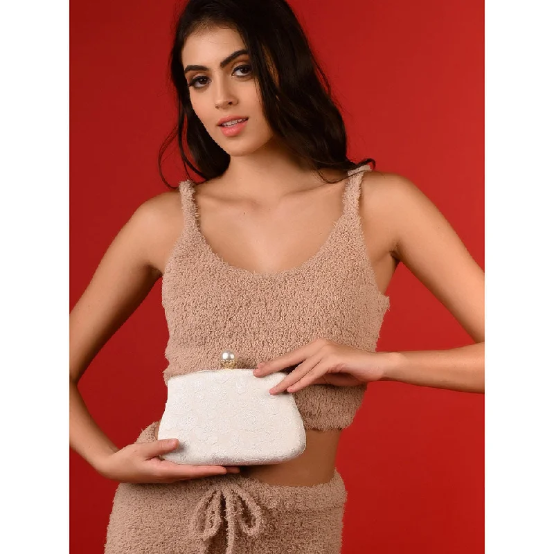 Women's Faux Fur Clutch in White for Winter BallsOdette Serene White Embossed Clutch