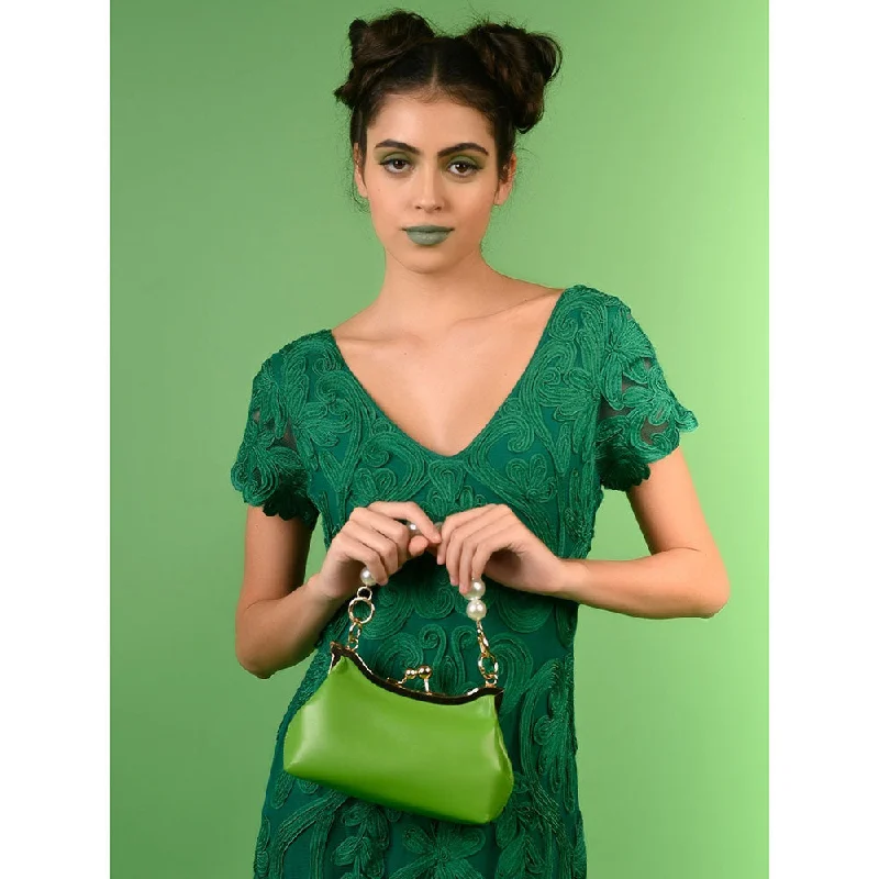 Women's Faux Fur Clutch in White for Winter BallsOdette Solid Green Pearl Studded Clutch