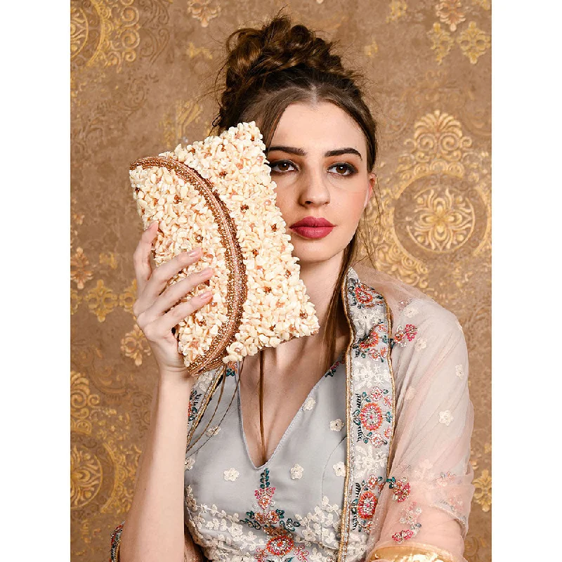 Lace - Trimmed Satin Clutch in Ivory for Garden WeddingsOdette White and Gold Embellished Clutch Bag