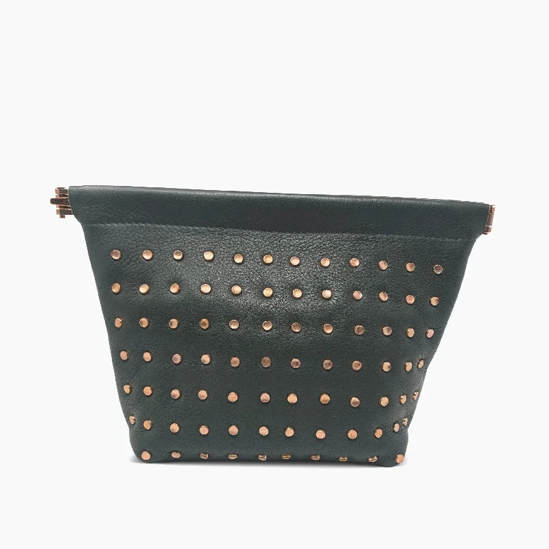 Quilted Leather Evening Bag in Gray for Sophisticated EventsOlive Brass Stud Make Up Bag Quilted Leather Evening Bag in Gray for Sophisticated EventsOlive Brass Stud Make Up Bag