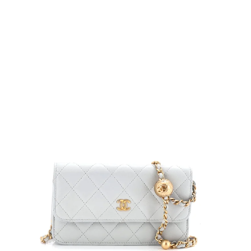 Leather - Trimmed Denim Crossbody Bag in Blue for a Vintage - Inspired LookPearl Crush Flap Phone Holder with Chain Quilted Lambskin Leather - Trimmed Denim Crossbody Bag in Blue for a Vintage - Inspired LookPearl Crush Flap Phone Holder with Chain Quilted Lambskin