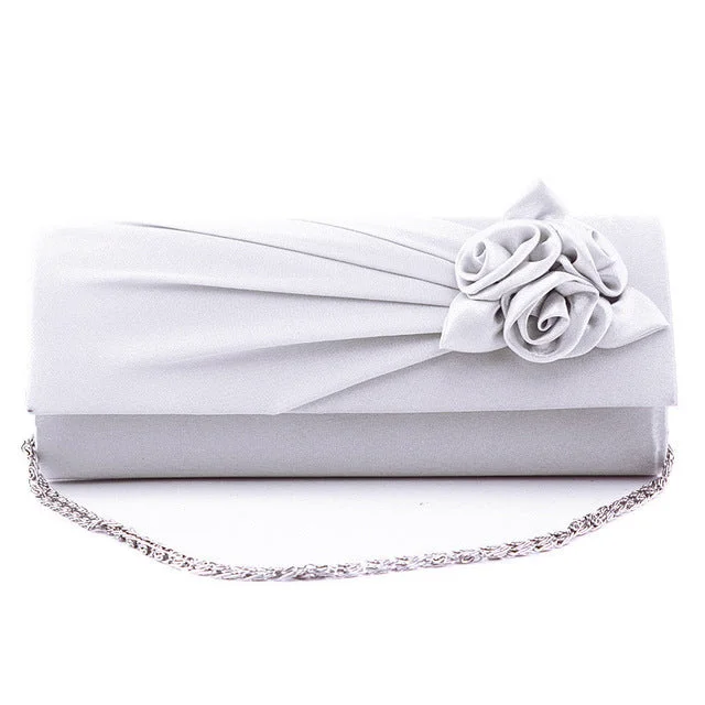 Leather Clutch with Chain Strap in Black for Cocktail PartiesRose Detail Clutch Bag