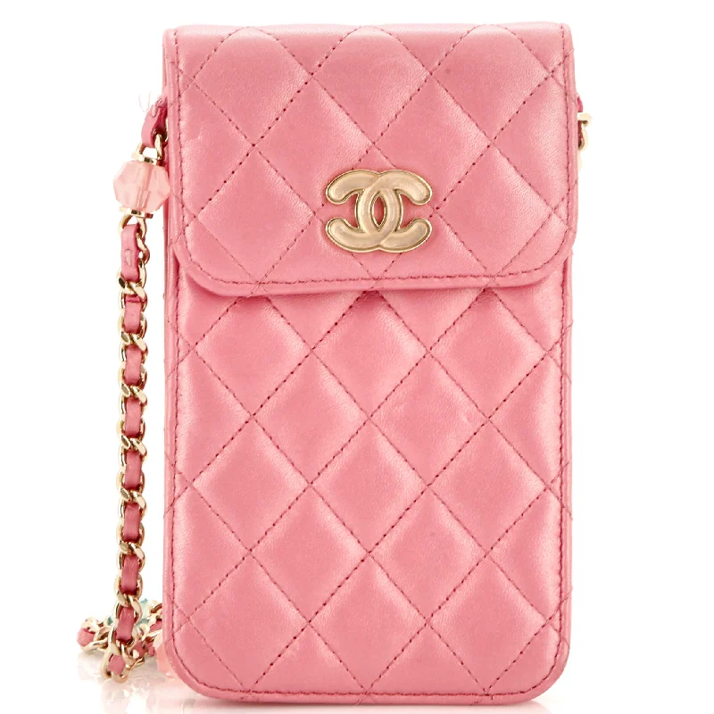 Women's Mini Crossbody Bag in Pink Velvet with Rhinestone Accents for Girls' Nights OutResin CC Phone Holder with Chain Quilted Lambskin