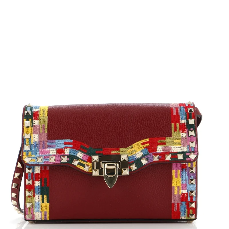 Women's Small Leather Crossbody Bag in Black with Gold Hardware for Evening PartiesRockstud Flip Lock Flap Bag Embroidered Leather Small