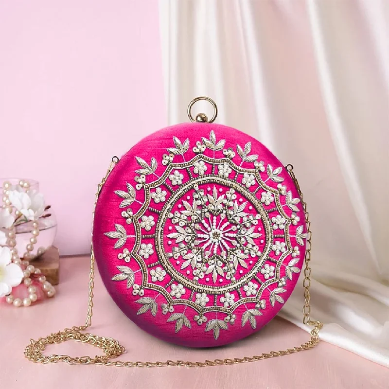 Geometric - Patterned PVC Evening Bag in Multicolor for Trendy Nights OutRound Zari Pearl Clutch | Pink Geometric - Patterned PVC Evening Bag in Multicolor for Trendy Nights OutRound Zari Pearl Clutch | Pink