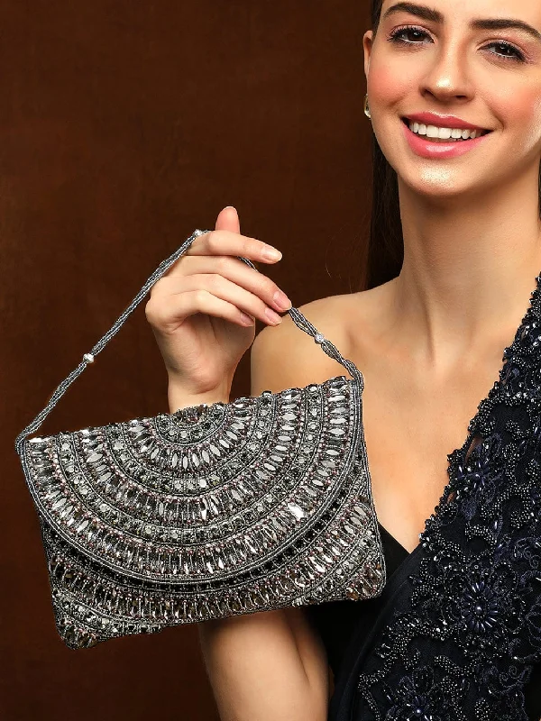 Pearl - Embellished Clutch in Cream for Bridal ShowersRubans Black Stoned Beadwork Hand Bag