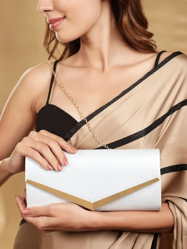 Women's Small Beaded Clutch in Silver for New Year's Eve PartyRubans Chic Simplicity Handcrafted Beige Textured Glossy Finish Clutch Bag