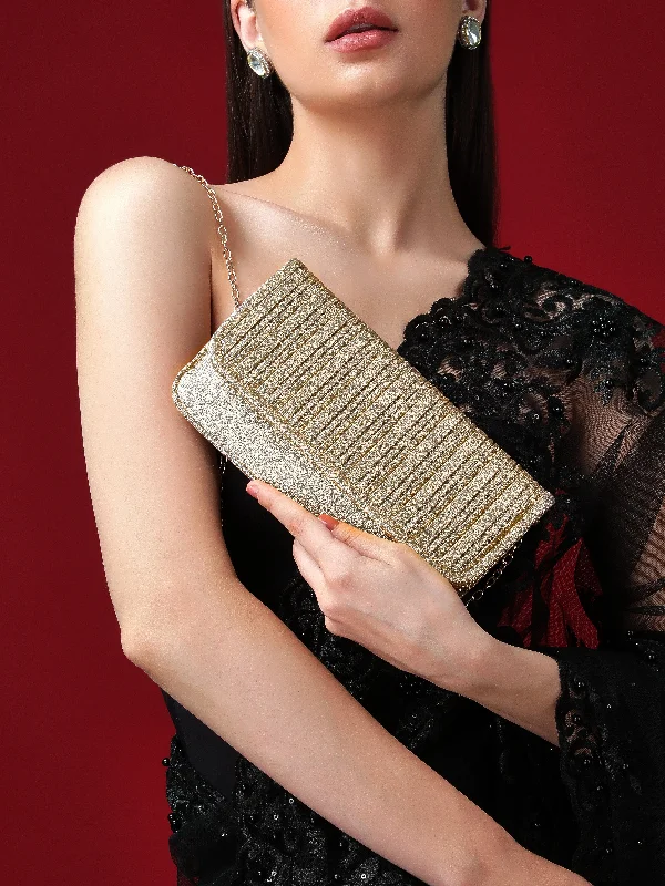 Snake - Skin Effect Clutch in Green for Exotic PartiesRubans Sparkling Golden Coloured Clutch With Texture Design