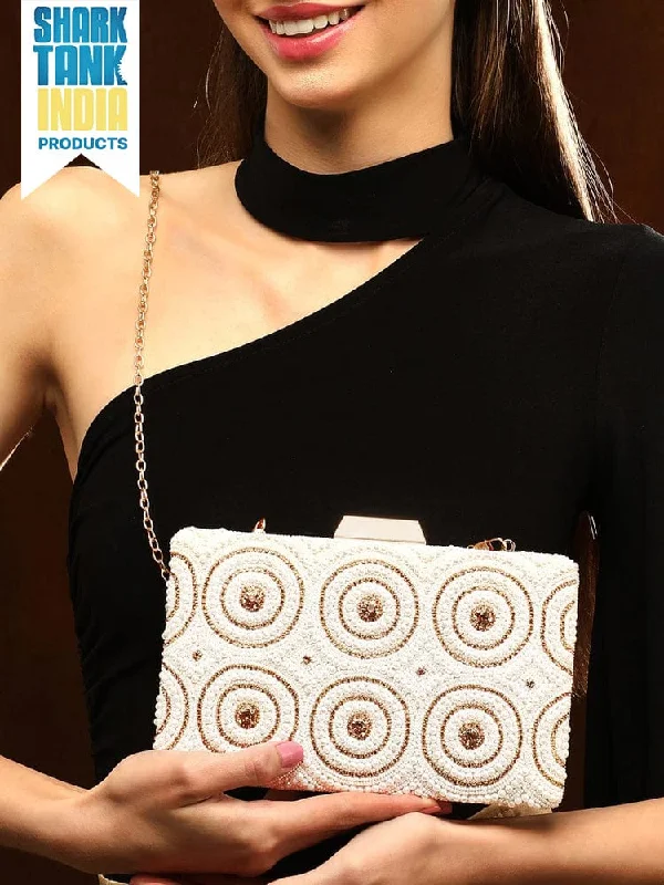 Women's Monogrammed Leather Clutch in Tan for Personalized StyleRubans White Beaded Clutch Bag