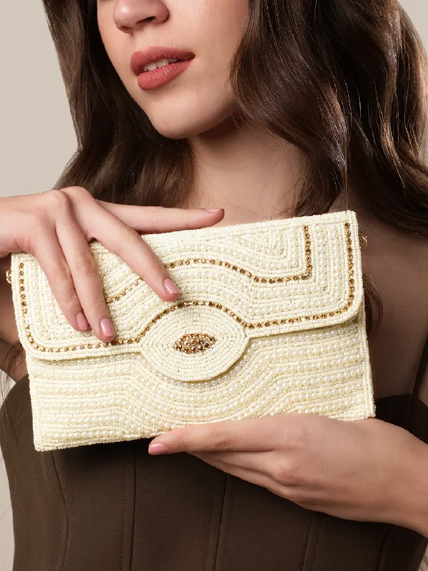Women's Glittery Clutch in Blue for Disco - Themed EventsRubans White Clutch Bags with Pearl and Stone Embellishment