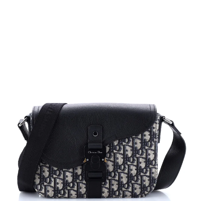 Metallic Crossbody Bag in Silver for New Year's Eve and Special CelebrationsSaddle Buckle Flap Messenger Bag Oblique Canvas and Leather Medium