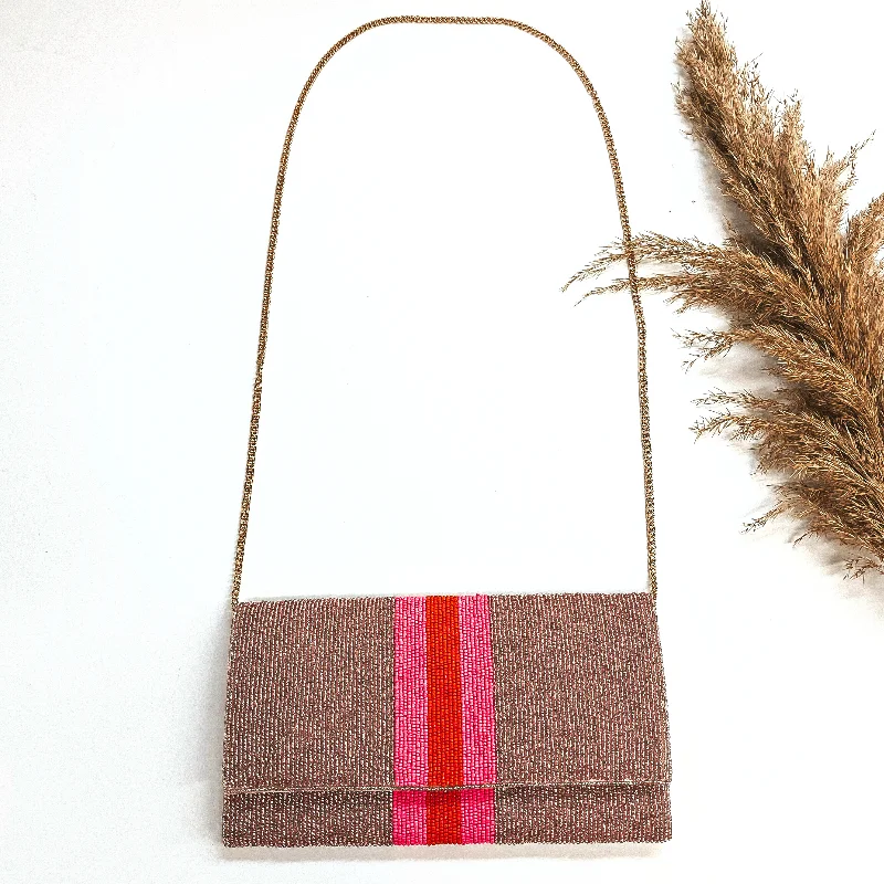 Leather Clutch with Chain Strap in Black for Cocktail PartiesIncredible Love Seedbeaded Striped Clutch Bag in Rose Gold with Gold Tone Chain Leather Clutch with Chain Strap in Black for Cocktail PartiesIncredible Love Seedbeaded Striped Clutch Bag in Rose Gold with Gold Tone Chain