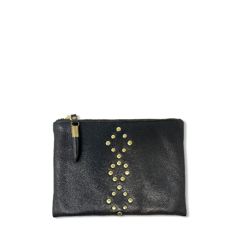 Leather Clutch with Chain Strap in Black for Cocktail PartiesSmall Pouch - Flat Stud