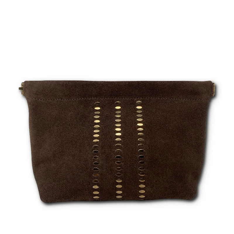 Suede Clutch with Tassel Details in Olive for Fall SoireesSNAP MAKE UP BAG -MINK