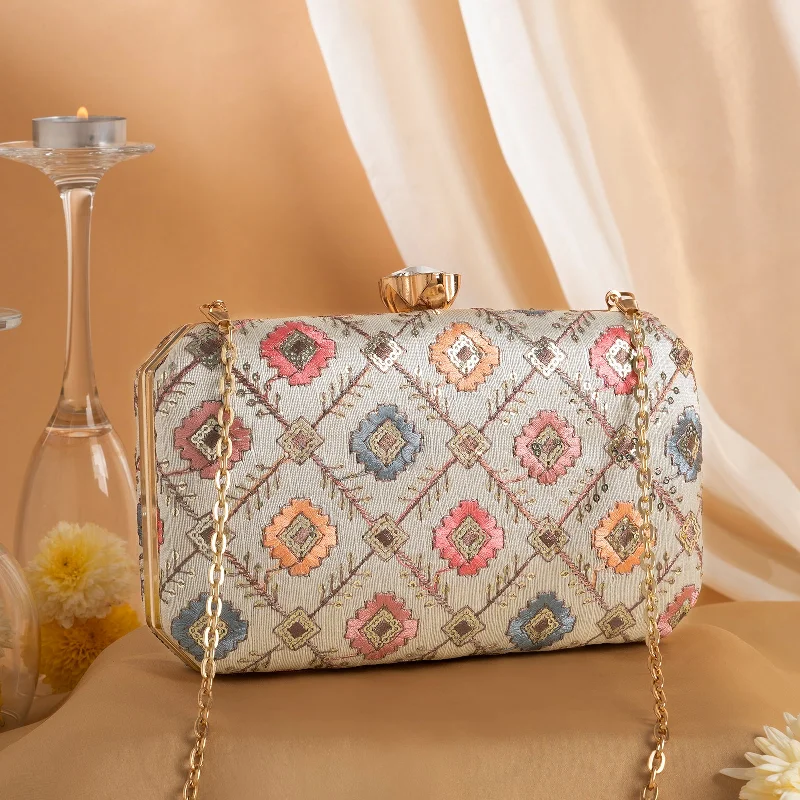 Geometric - Patterned PVC Evening Bag in Multicolor for Trendy Nights OutTeejh Pari Phulkari Threadwork Clutch