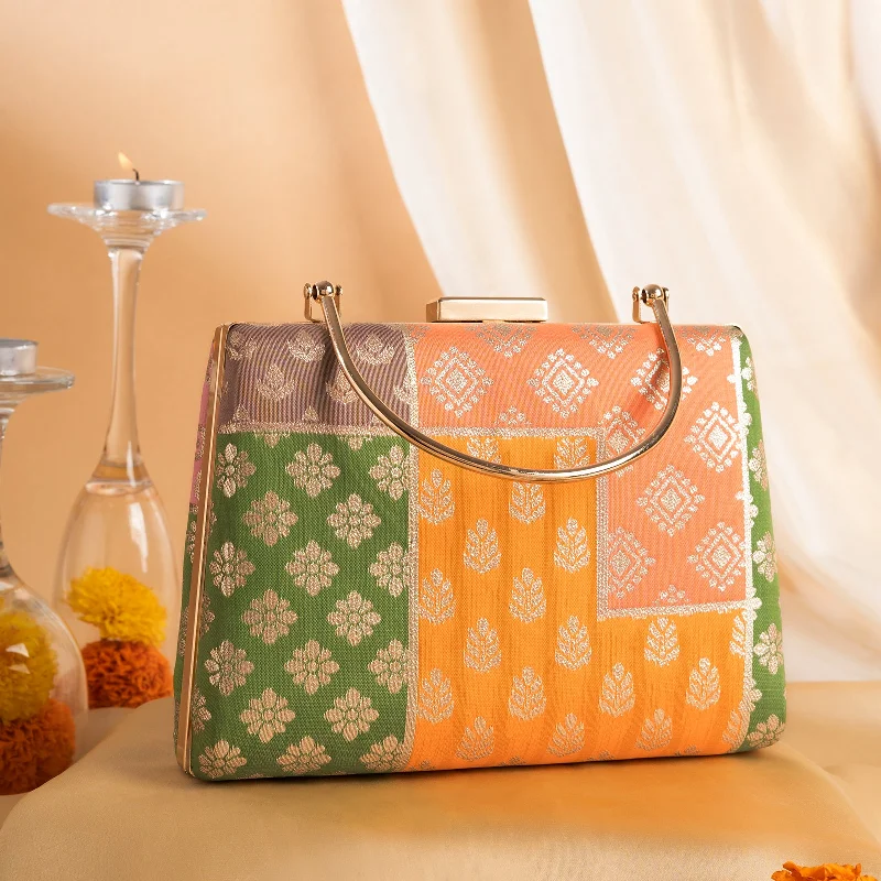 Geometric - Patterned PVC Evening Bag in Multicolor for Trendy Nights OutTeejh Parulatha Banarasi Print Applique Clutch