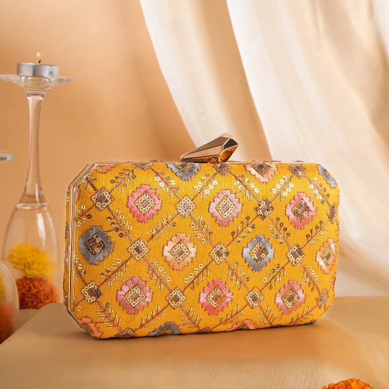 Suede Clutch with Tassel Details in Olive for Fall SoireesTeejh Minakshi Phulkari Threadwork Clutch